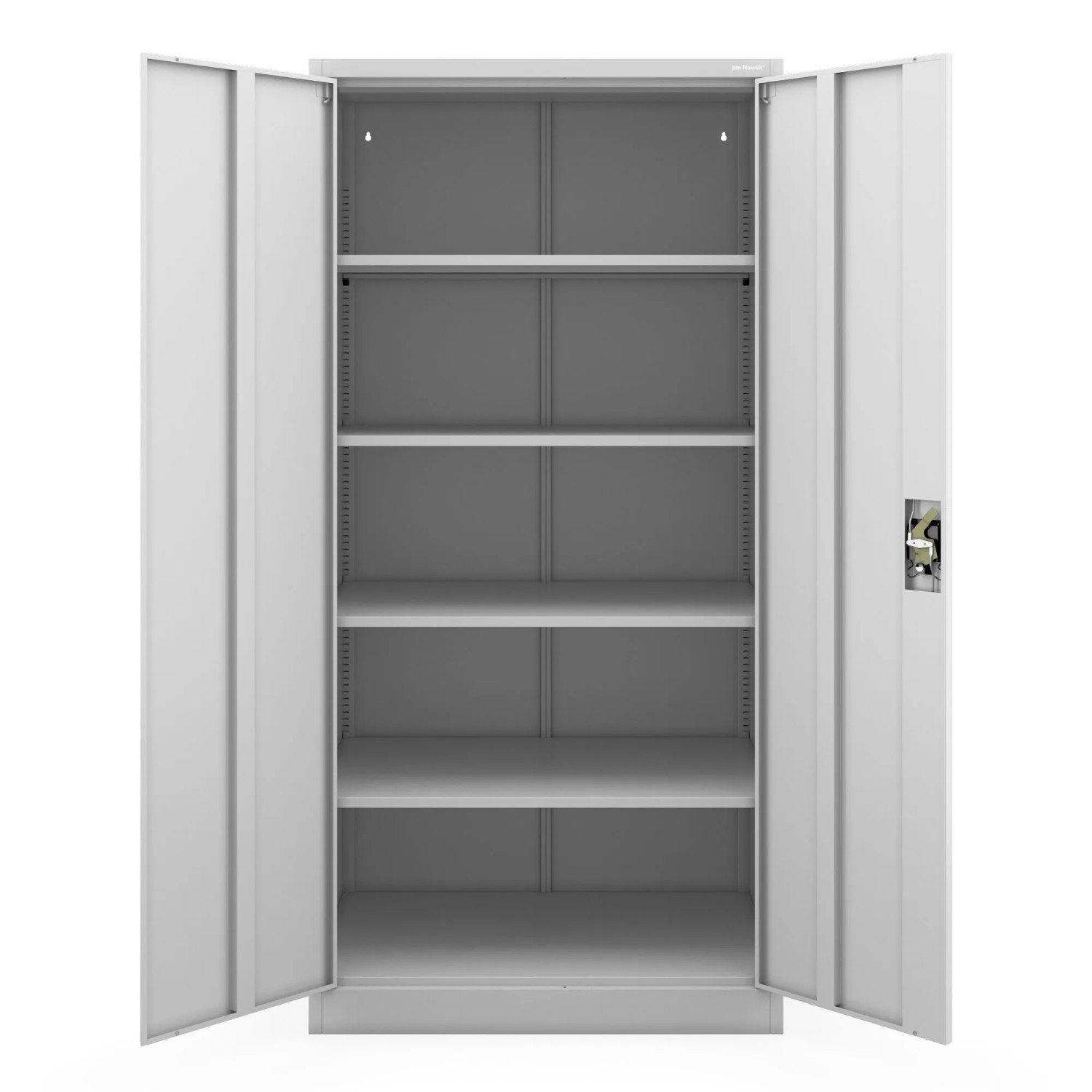 Grauer JAN NOWAK Metallschrank D600, 185x90x60 cm, für Büro und Werkstatt, mit offenen Türen und Regalböden.