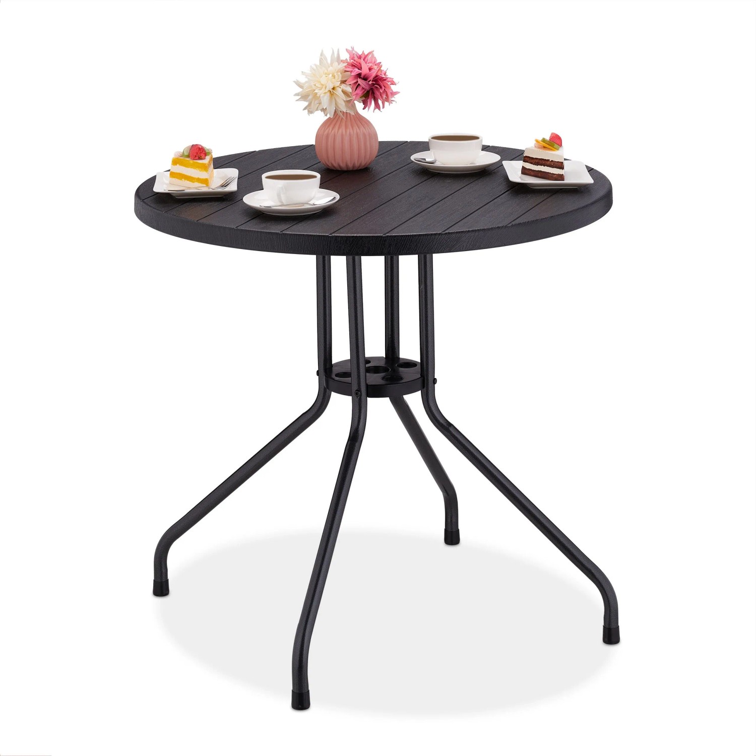 Relaxdays Gartentisch Kunststoff Stahl Schwarz Rund Holzoptik 75 cm x 80 cm 5,3 kg