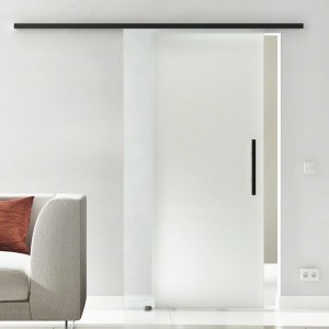 Levidor Glasschiebetür Komplettset, 90x205 cm, satiniert, schwarz, mit Stangengriff.