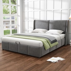 Graues Doppelbett (140x200) mit Bettkasten und hydraulischem Hebesystem.
