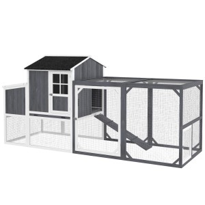 PawHut Hühnerstall aus grauem Tannenholz mit Nistkasten, Freigehege und Rampe. Robustes Kleintierhaus für Hühner.
