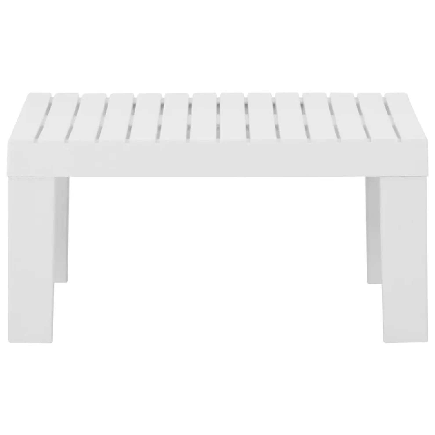 Weißer vidaXL Lounge-Gartentisch aus Kunststoff mit Lattenrost-Design.