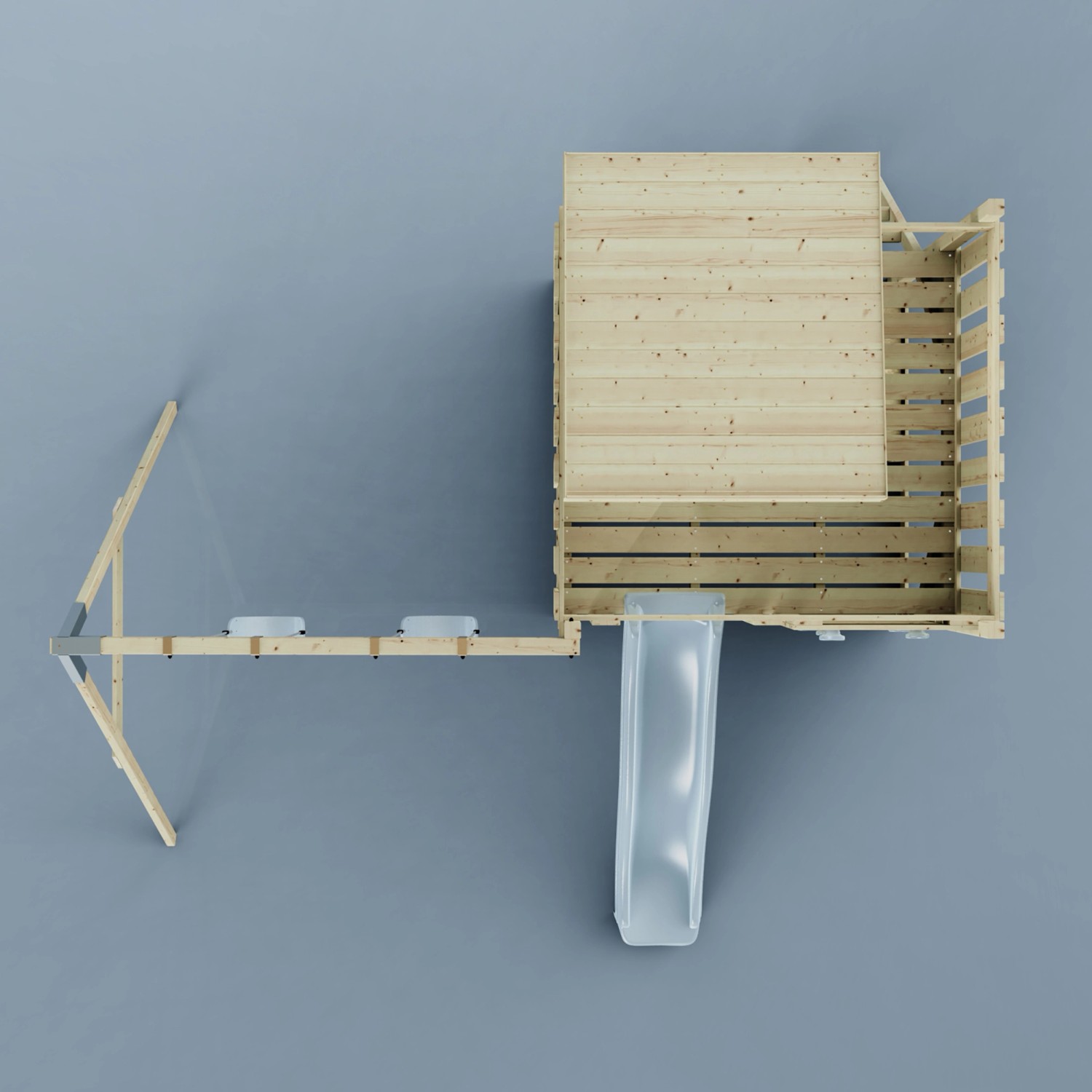 Draufsicht: PolarPlay Spielturm Björn mit Schaukel und Rutsche, unbehandeltes Holz.