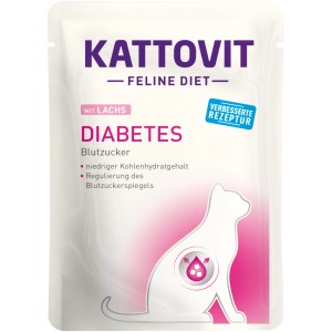 Kattovit Katzen-Nassfutter Diabetes Lachs, 85g Portionsbeutel für eine ausgewogene Ernährung.