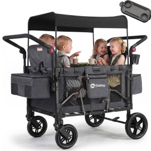 Sekey Faltbarer Bollerwagen für 4 Kinder Kinderwagen mit 4 Integrierten 5-Punkt-Gurtsystem Schwarz