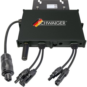 Schwaiger Wechselrichter NEP 800W für Balkonkraftwerke, schwarzes Gehäuse mit Kabeln.