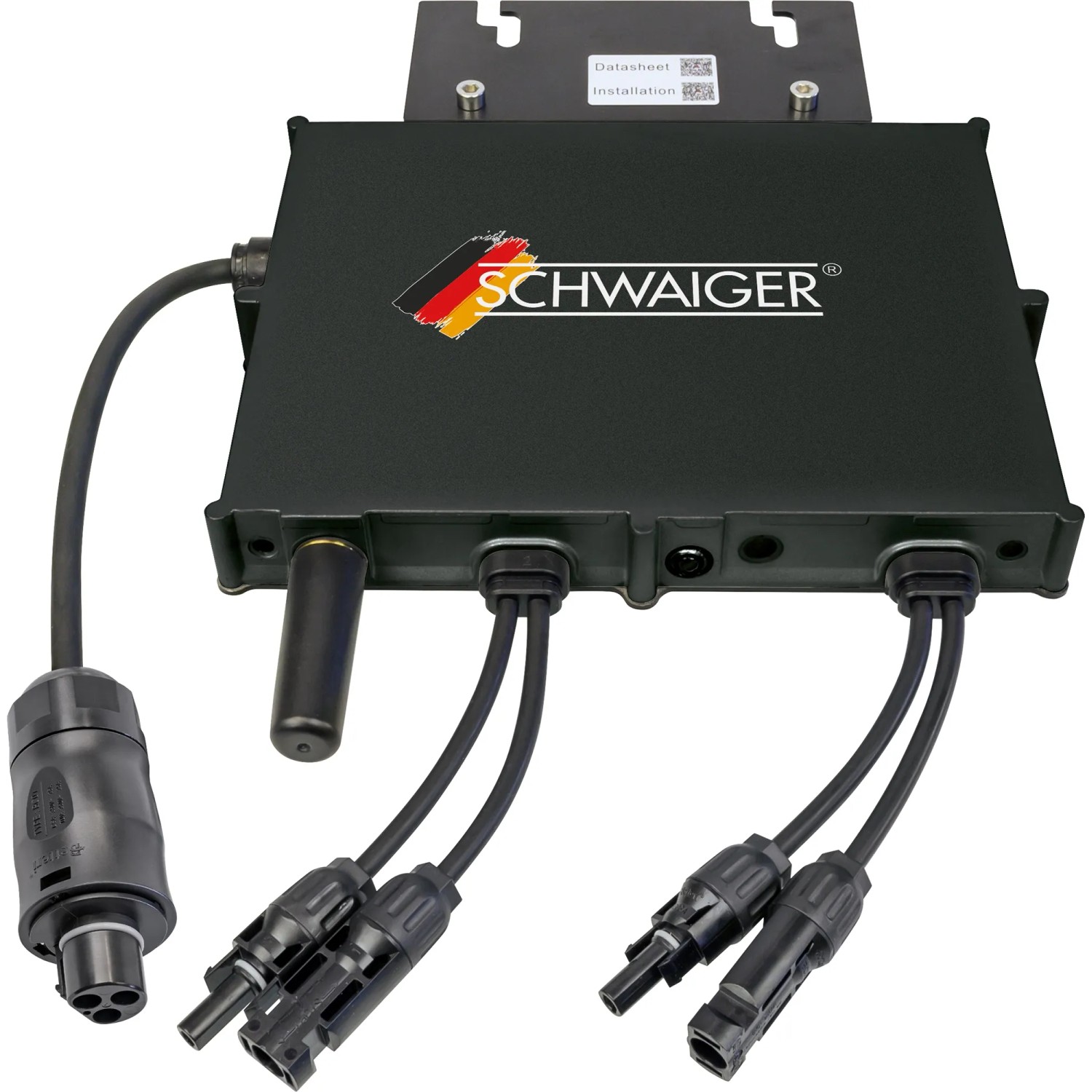 Schwaiger Wechselrichter NEP 800W für Balkonkraftwerke, schwarzes Gehäuse mit Kabeln.