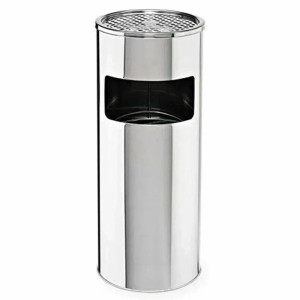 Glänzender, silberner Edelstahl Standaschenbecher mit Mülleimer, 30L. Zylindrisch, mit Gitter oben und Einwurföffnung.