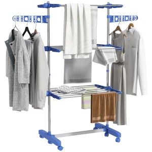 Blauer HOMCOM Wäschetrockner mit Rollen und Seitenflügeln aus Stahl, beladen mit Kleidung.