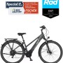 Graues Fischer E-Bike Viator 5.0i mit Trapezrahmen und Auszeichnungen.
