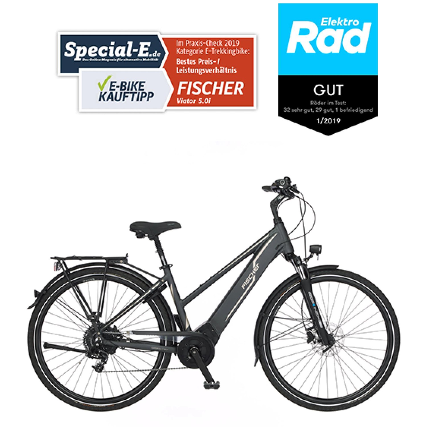 Graues Fischer E-Bike Viator 5.0i mit Trapezrahmen und Auszeichnungen.
