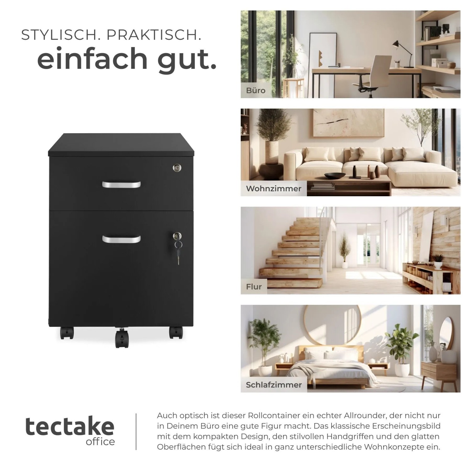 Tectake Rollcontainer Vagur Mit 2 Schubladen Für Dokumente Im A4 Format Abschließbar  Inkl  Ersatzschlüsseln  46 x 40 x 54 50 cm Schwarz_7