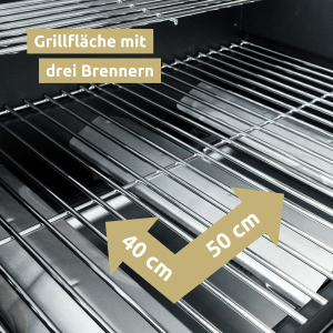 Grillfläche (40x50 cm) mit 3 Brennern des deluxe4home Gasgrillwagens.