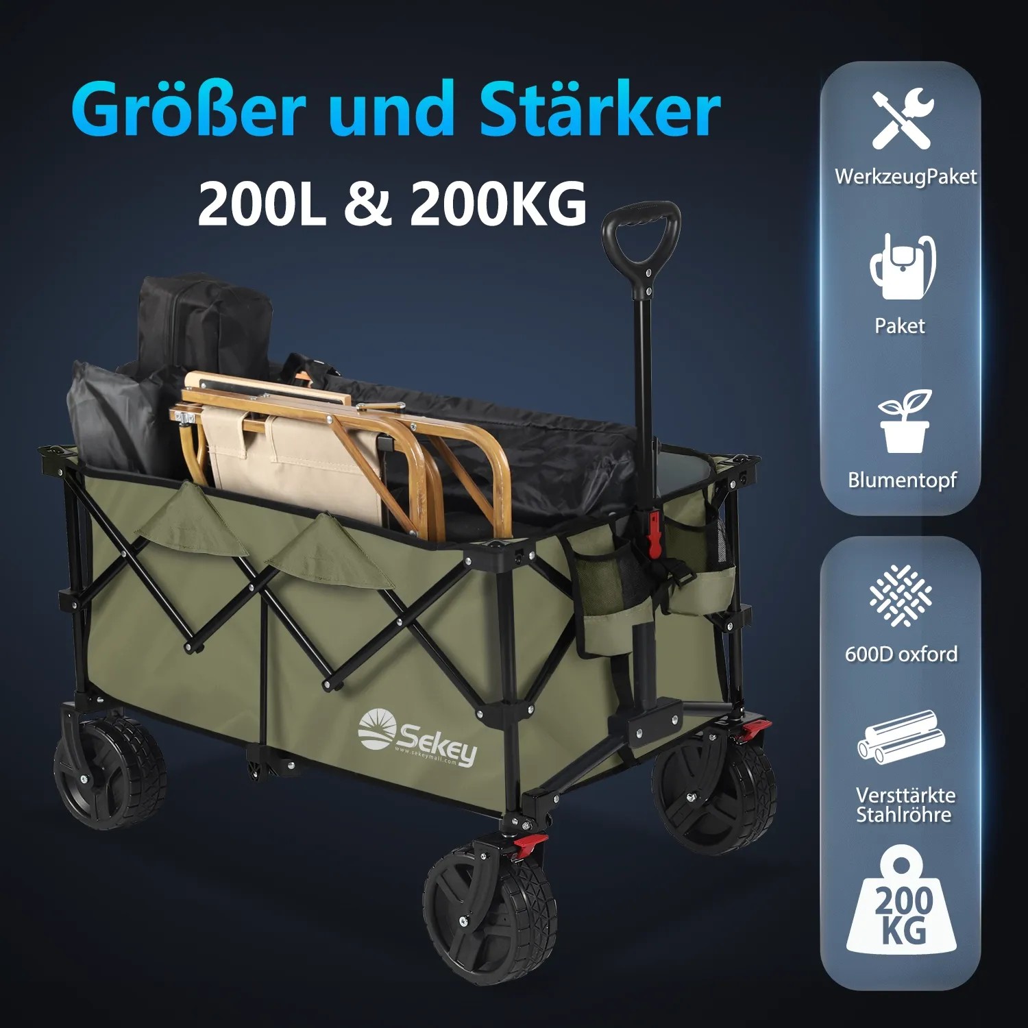 Sekey XXL Bollerwagen, faltbar, grün, 200L. Ideal für Camping & Freizeit.