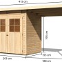 Karibu Holz-Gartenhaus Egersund, unbehandelt, mit Pultdach und Maßangaben.