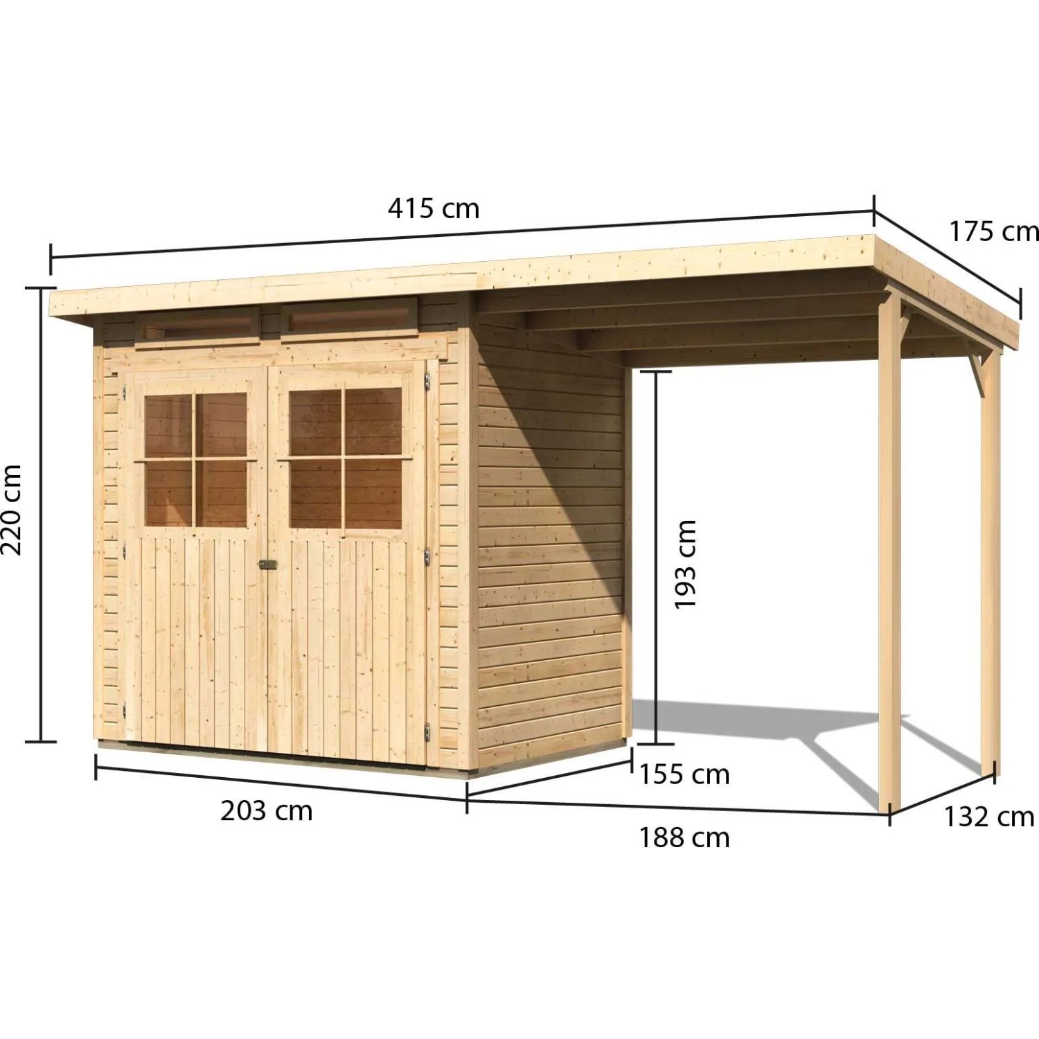 Karibu Holz-Gartenhaus Egersund, unbehandelt, mit Pultdach und Maßangaben.