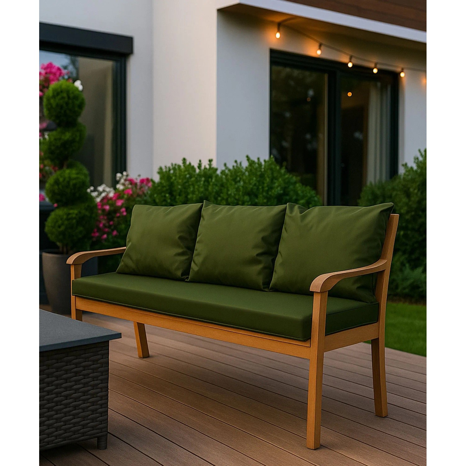 Grünes Bankkissen-Set für 2-Sitzer Gartenbank, bestehend aus Sitz- und Rückenkissen.