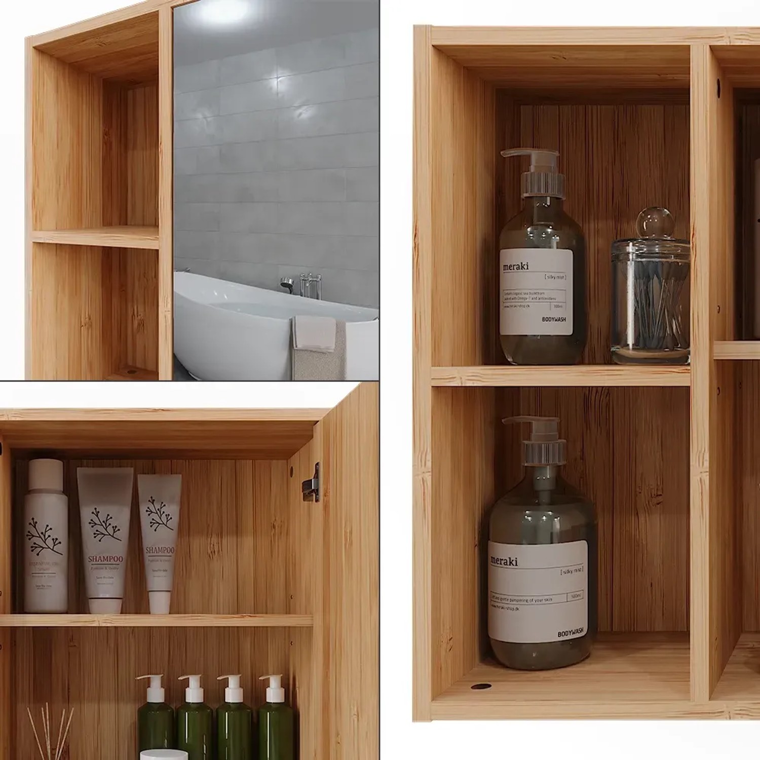Vicco Badspiegelschrank Lucie Bambus, 54x45cm, mit offenem und geschlossenem Stauraum.