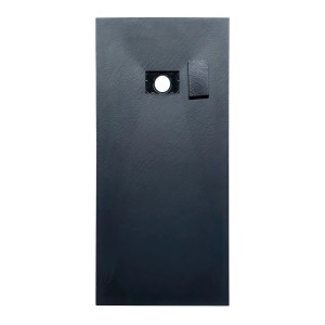 Schwarze rechteckige Duschwanne 150x90 mit Steinoptik-Oberfläche und Ablauf. Robuster Verbundwerkstoff.