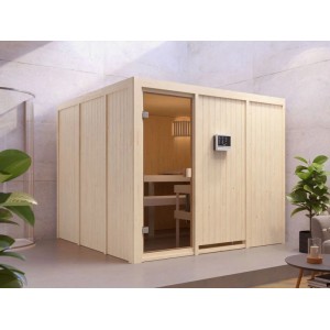 Helle Karibu Innensauna Celine aus Holz mit Glastür, drei Bänken und externem Bedienfeld in modernem Raum.