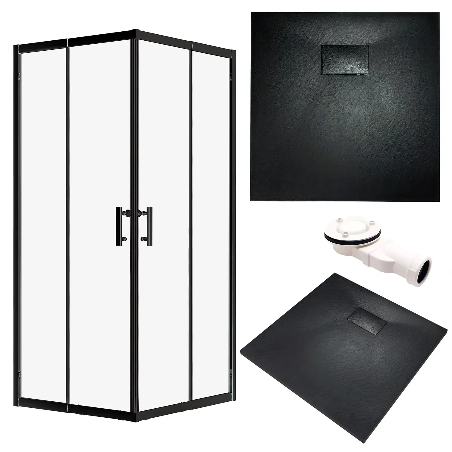 Bad Land SET Duschwanne VIDAR Schwarz + Duschkabine Quadratisch HELA Schwarz 80x80 190 cm Transparentes Glas