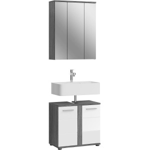 Badmöbel-Set Blake, 64 cm, Hochglanz Weiß, 2-teilig mit Spiegelschrank und Waschbeckenunterschrank.