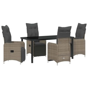 5-teiliges Gartentisch-Set aus grauem Poly Rattan mit Tisch und 4 Stühlen mit Kissen.