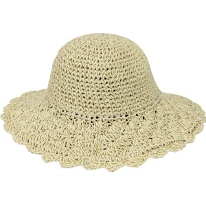 Beiger Damen Strohhut mit breiter, gewellter Muschel-Krempe. Stilvoller Sonnenhut aus synthetischer Papierkordel für Gartenbekleidung.