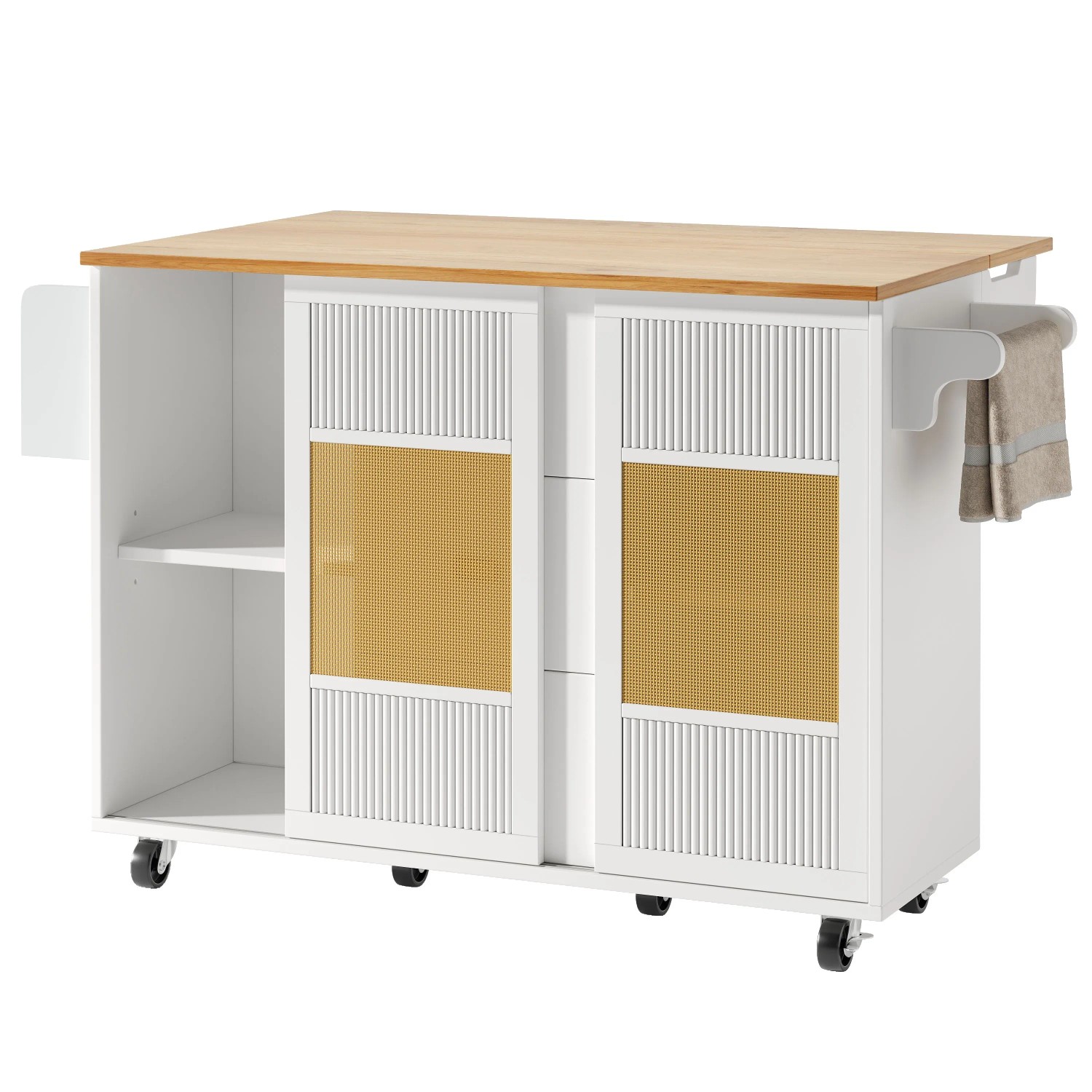 okwish Kücheninsel mit Ausziehfunktion Rollen Stauraum Küche 120x73x90cm Weiß