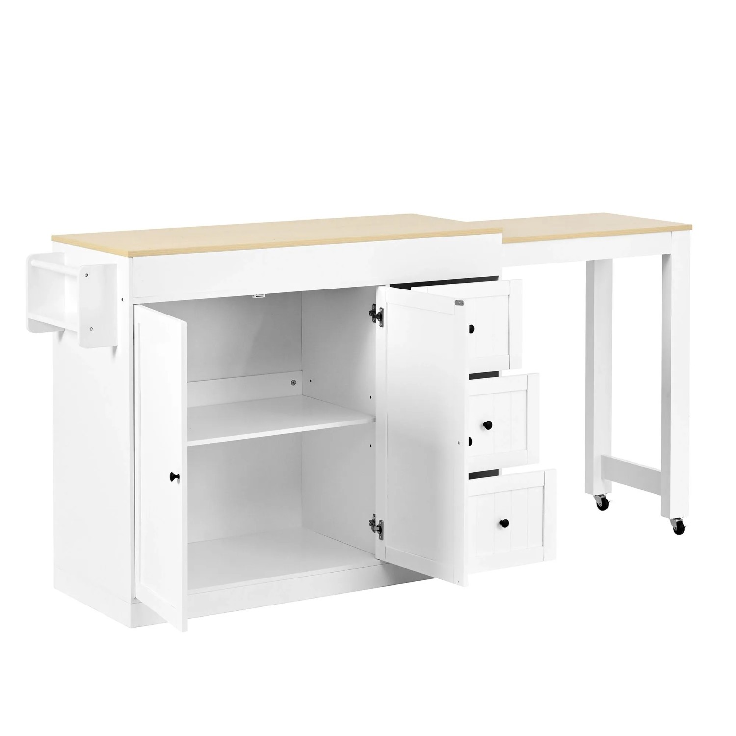 okwish Kücheninsel mit Rollen Schubladen Ausziehbarer Essbereich 112-186.8x45x93cm Weiß