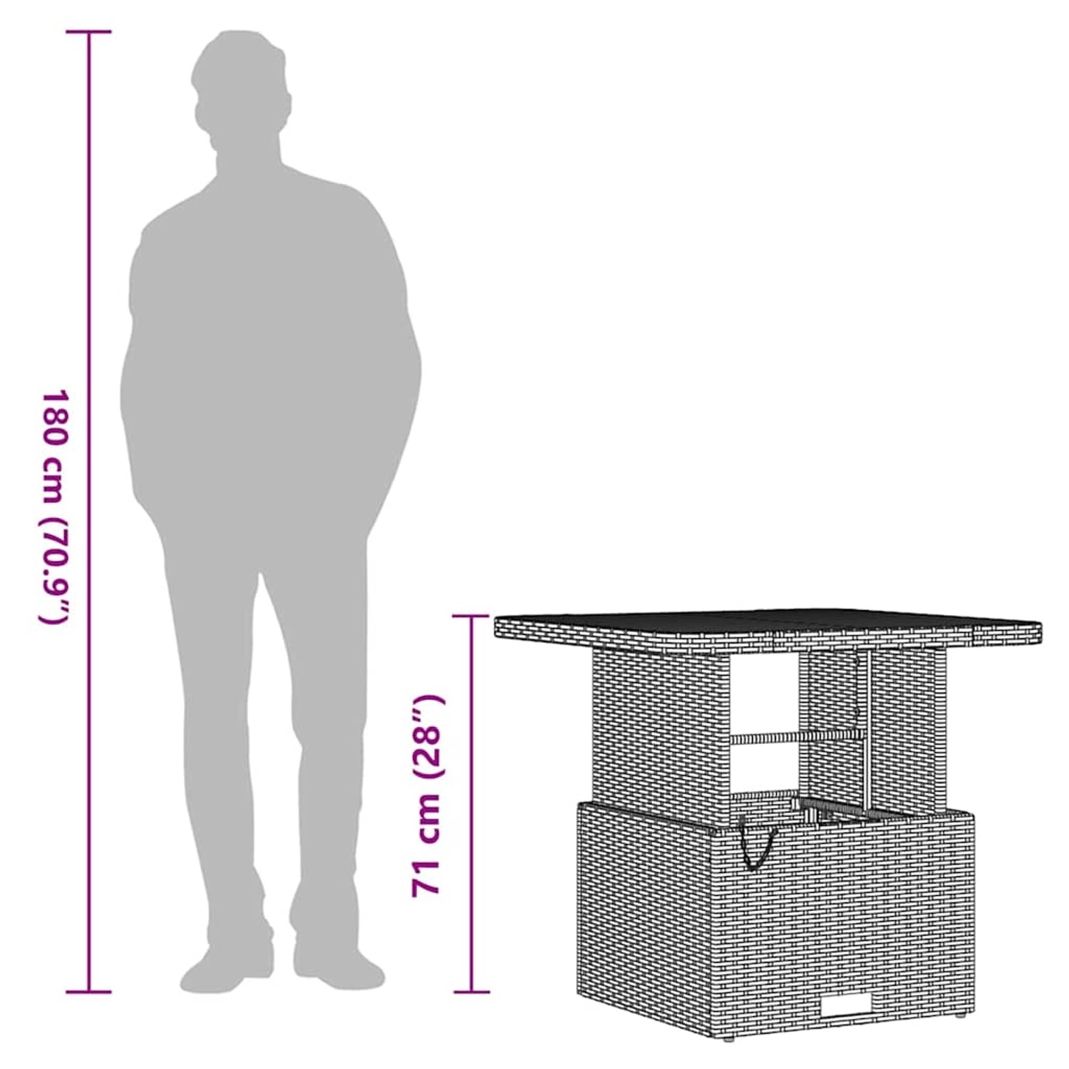 vidaXL Garten Essgruppe, 3-teilig, schwarz, Poly Rattan, mit Maßangaben.