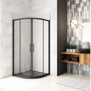 Runddusche Duschkabine 90x90cm mit schwarzem Rahmen und Klarglas Schiebetüren in modernem Bad.