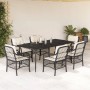 Schwarze 7-tlg. Garten-Essgruppe aus Polyrattan mit Tisch, Stühlen und cremeweißen Kissen.