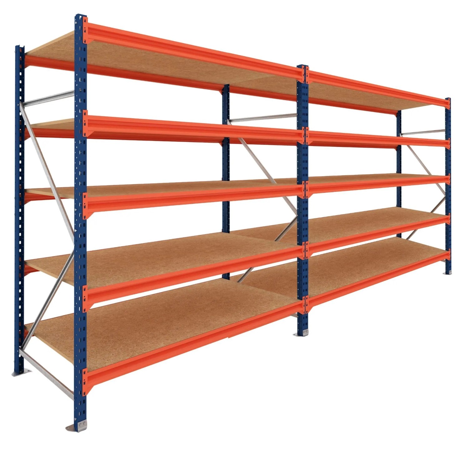 PROREGAL Weitspannregal Schwerlastregal DOMINUS Komplettregal 2 Felder 250x390x40cm 5 Ebenen Spanplatten-Fachboden Fachlast 350 kg Blau/Orange