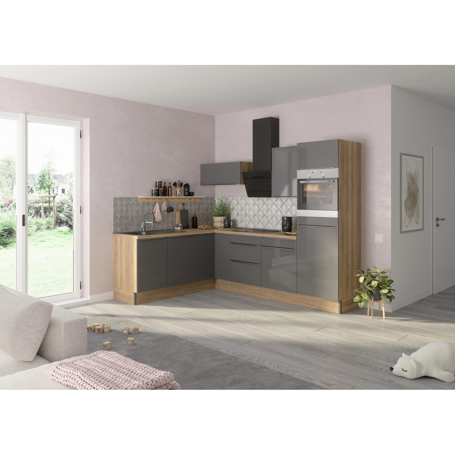 Optifit Winkelküche/L-Küche Optikoncept Linus 270 cm Anthrazit-Wildeiche Nachb.
