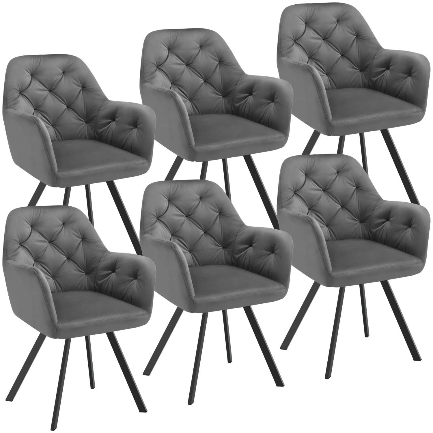 Tectake Drehbarer Samt Armlehnstuhl Lucia Gepolstert Mit Steppmuster Mit Durchgehender Lehne 6Er Set 58 X 58 X 87 Cm Anthrazit