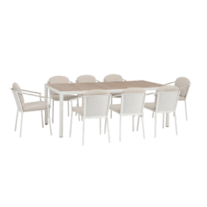 Bizzotto Lounge-Gartenmöbel Set: Tisch mit Holzoptik und 8 Stühle mit beigen Kissen.
