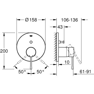 Technische Zeichnung: Grohe Essence Einhand-Wannenbatterie Warm Sunset für Unterputz mit Maßen.