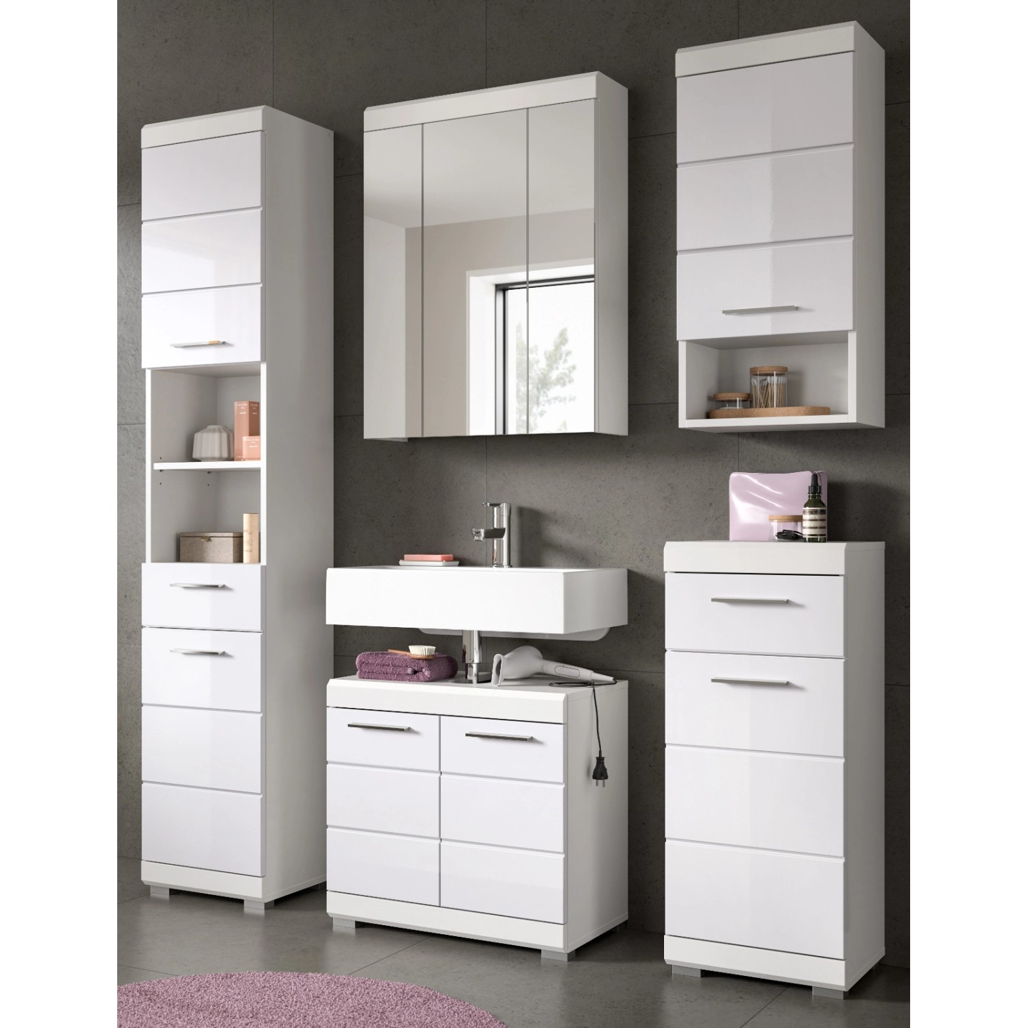 Inn.Furn Badmöbel-Set 5-teilig in Weiß Hochglanz 164 cm Shawn günstig online kaufen