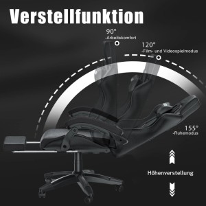 Höhenverstellbarer Gaming Stuhl in Schwarz mit verstellbarer Rückenlehne und Fußstütze.