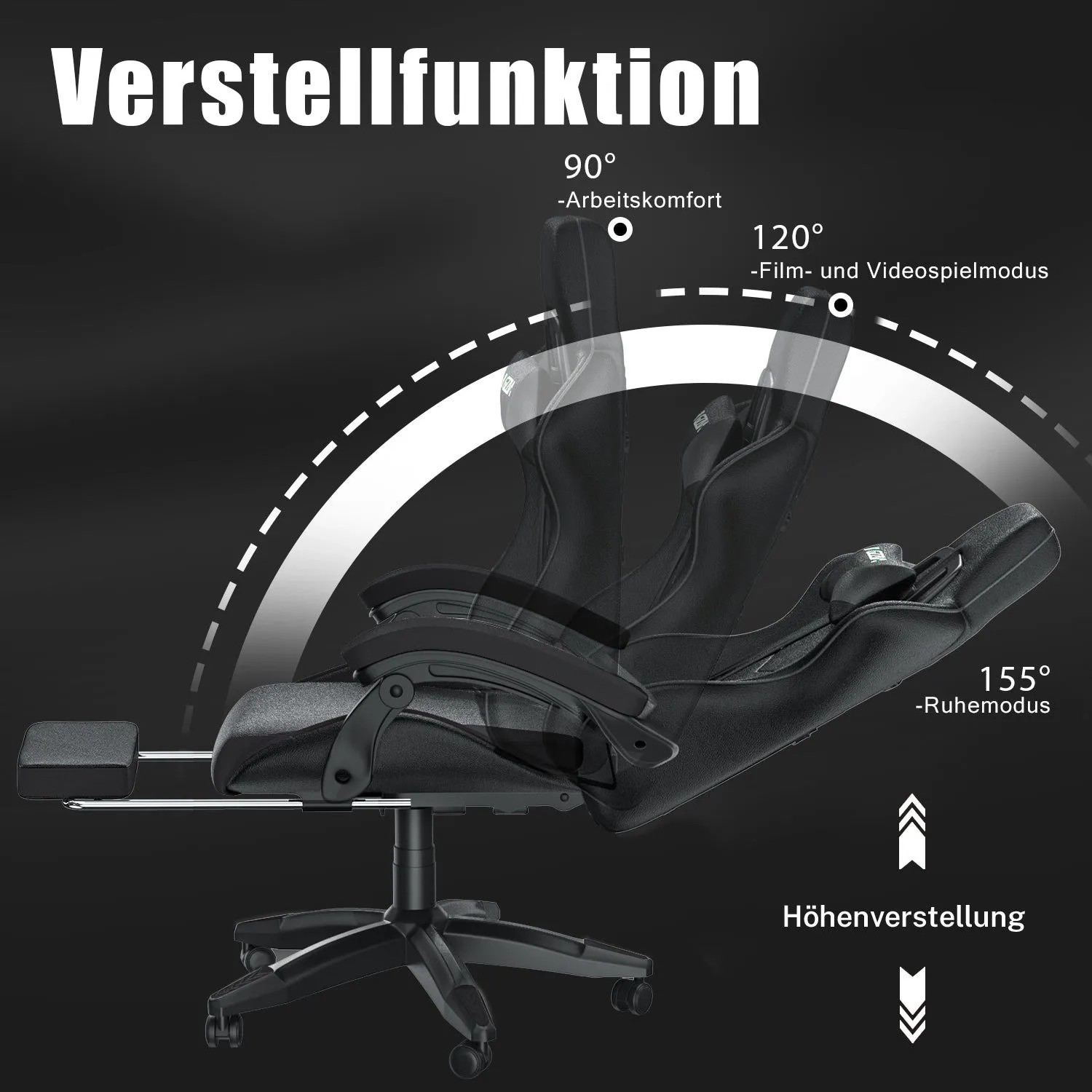 Höhenverstellbarer Gaming Stuhl in Schwarz mit verstellbarer Rückenlehne und Fußstütze.