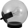 Bernsteinfarbene Design-Tischlampe, 18,5 cm hoch, mit Glaskugel und schwarzem Metallsockel.