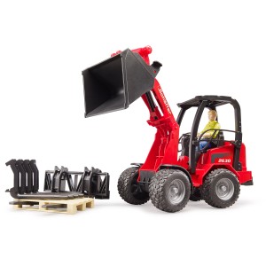 Bruder Schäffer Hoflader 2630 mit Figur und Zubehör (Ladegabel, Palette). Spielzeug Radlader in Rot.
