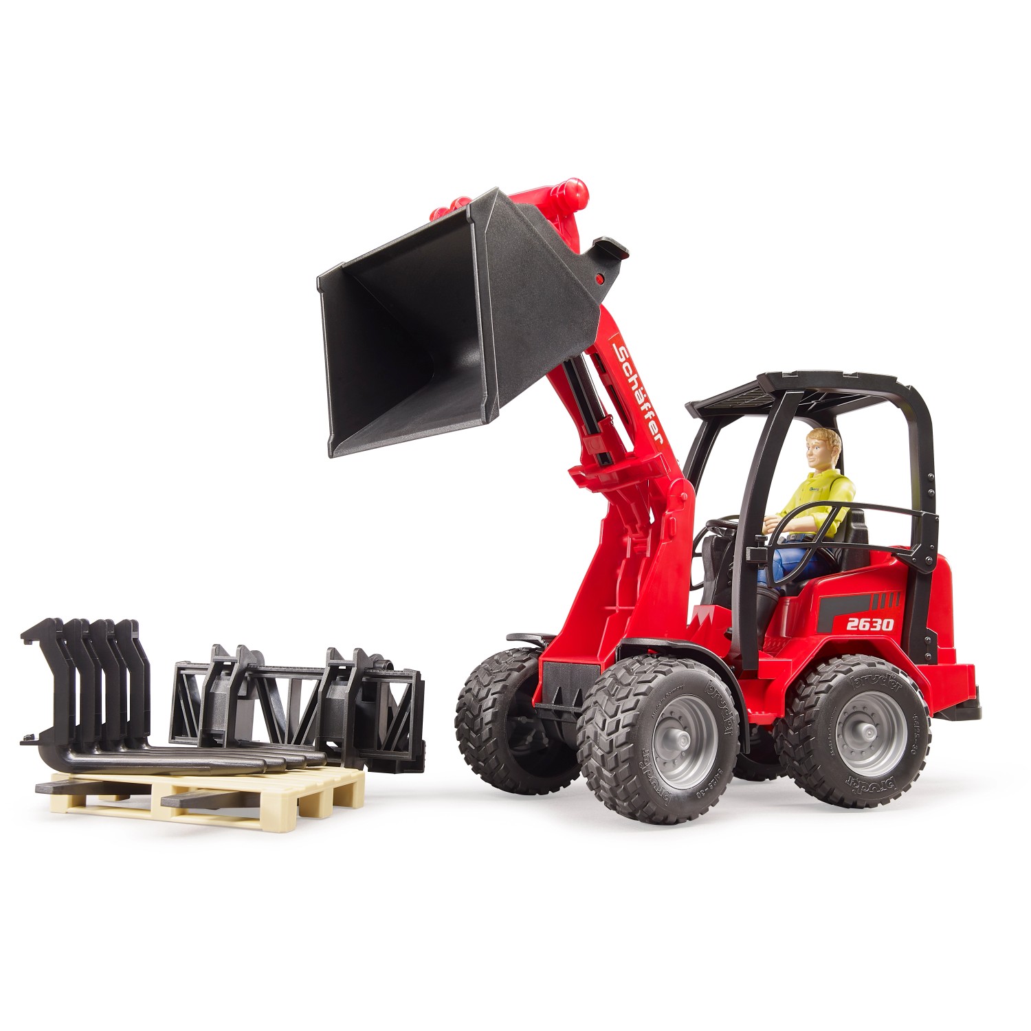 Bruder Schäffer Hoflader 2630 mit Figur und Zubehör (Ladegabel, Palette). Spielzeug Radlader in Rot.