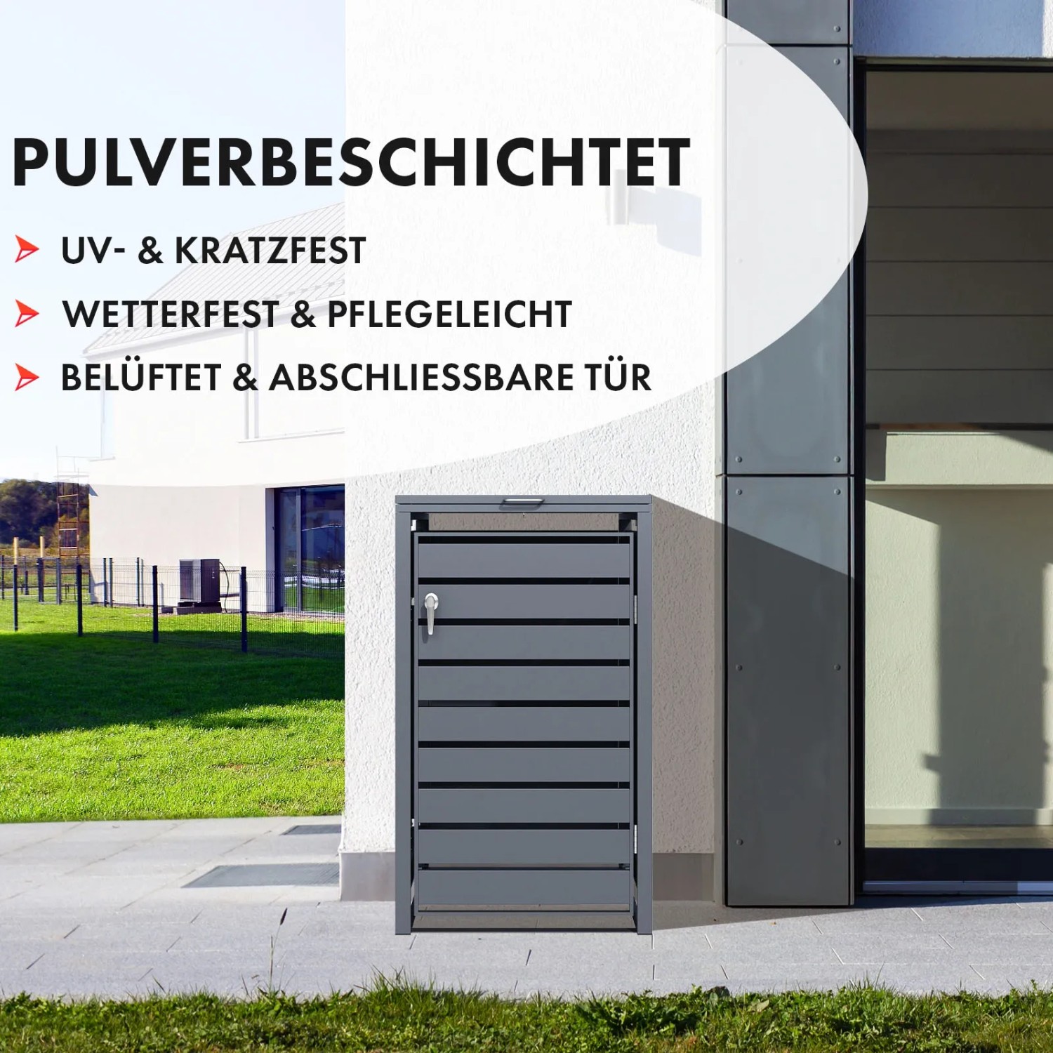 Graue Karat Mülltonnenbox Magnus mit Edelstahlrahmen und abschließbarer Tür vor Hauswand.