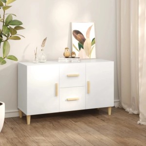 Weißes vidaXL Sideboard aus Holzwerkstoff mit 2 Türen, 2 Schubladen, Holzgriffen und Holzfüßen. Modernes Möbelstück.