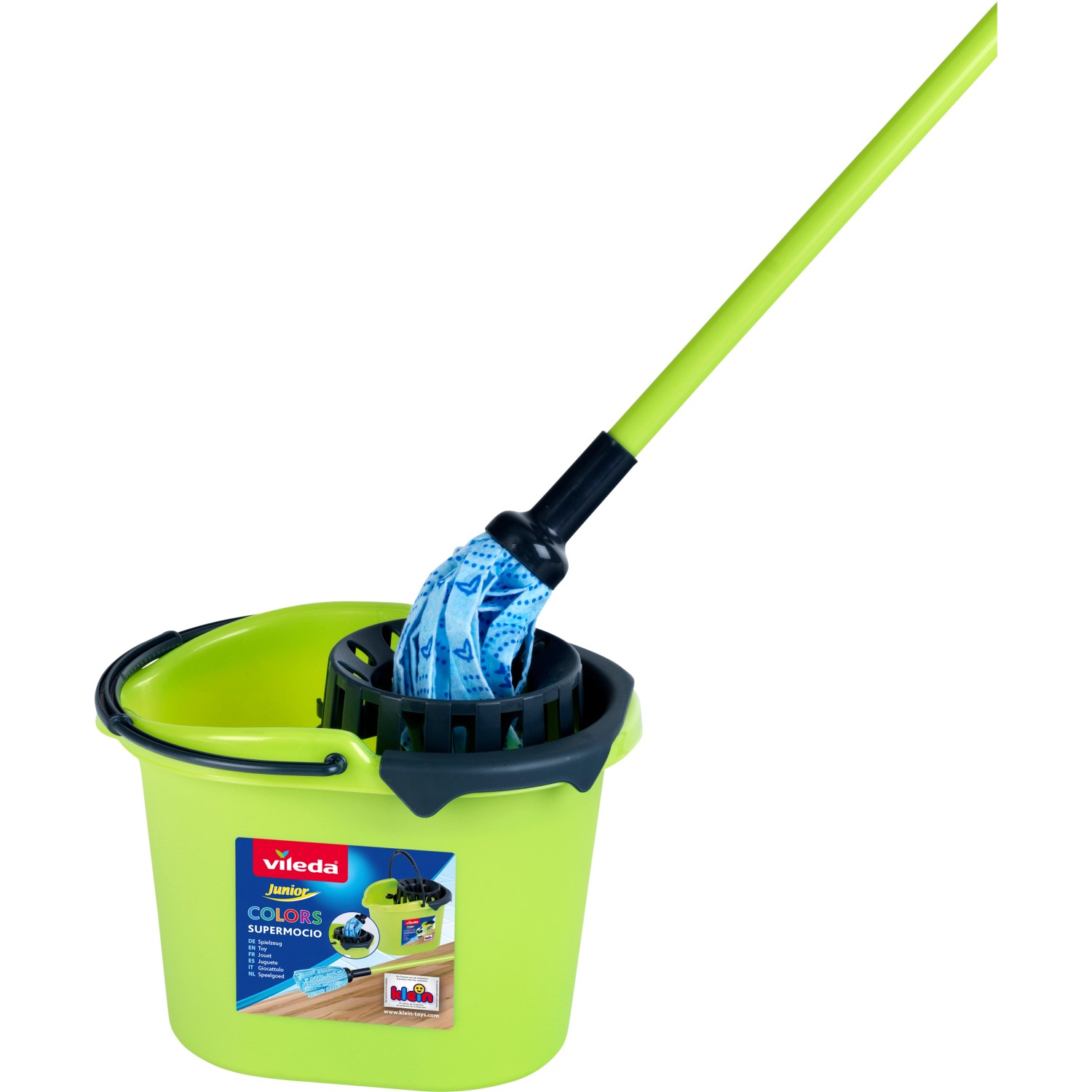 Vileda Eimer und Wischmopp in Grün, Spielzeug für Kinder zum Putzen.