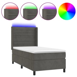 Dunkelgraues Boxspringbett mit LED, Matratze und Kopfteil (90x190 cm).
