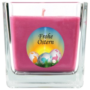 Viereckige Duftkerze im Glas mit Ostermotiv und Lavendelduft.