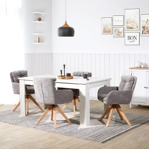 Homestyle4u 6er Set graue, drehbare Polsterstühle mit Eichenholzfüßen am Esstisch.